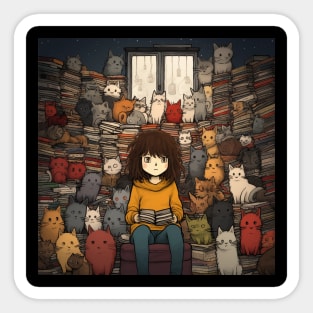 A Girl Surrounded by Playful Cats 3 Sticker